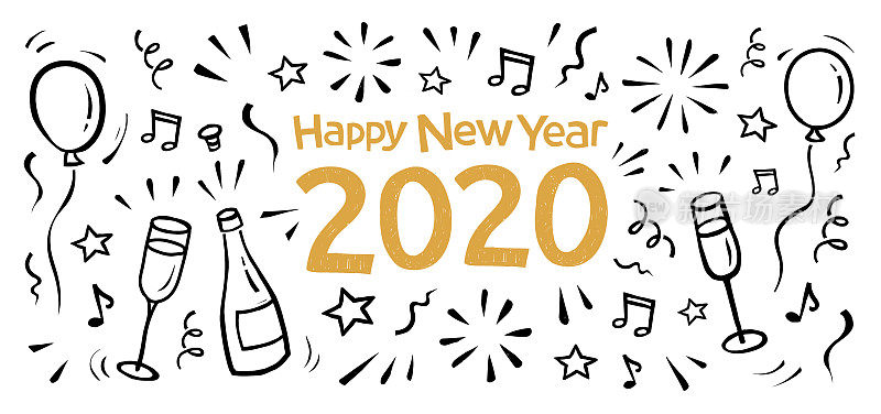 Happy new year doodle greeting card 2020.
